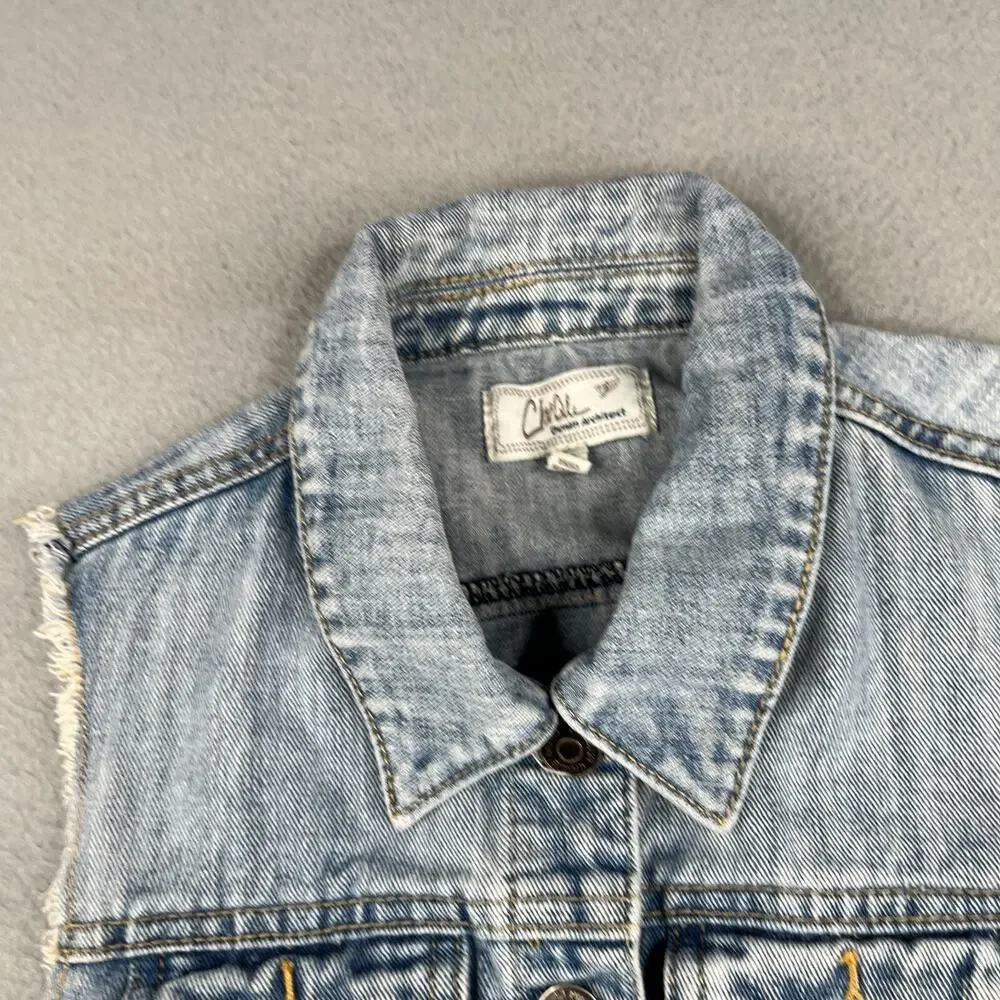 Chiqle Denim Vest Jacket Button Up Youth Girls Size Medium Blue Pockets
